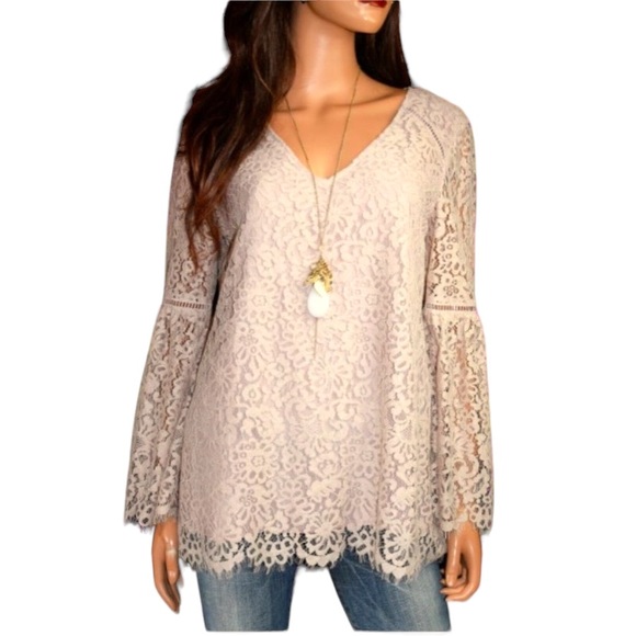 Sundance Charmant Pink All Over Lace Bell Sleeve Blouse-L - Picture 8 of 8